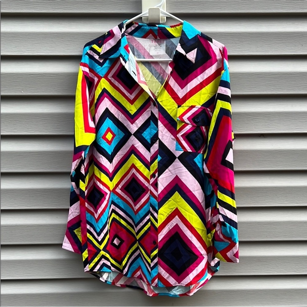 Terez Multicolor Geometric Abstract Printed Button Down Long Sleeve Top Medium